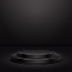 3d realistic vector round stage on dark background.Black round podium for product demonstration and advertising.