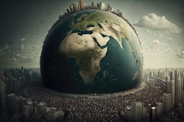 bleak reality of Earth's overpopulation with crowded cities, polluted skies, and lack of resources. A warning of the urgent need for sustainable living. Generative AI