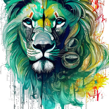 LION Leo lioness- illustration with transparent background, T-SHIRT SERIE - READY TO PRINT, abstract T-shirt designs, digital art, lion face, colorful, poster, printing template, PS & generative AI 