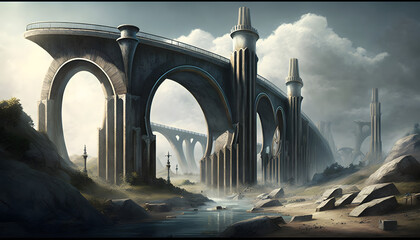 Futuristic bridge with antique elements. Generative AI