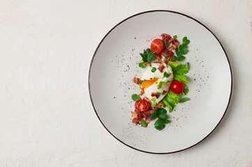 poached egg, with bacon and vegetables, breakfast, homemade,