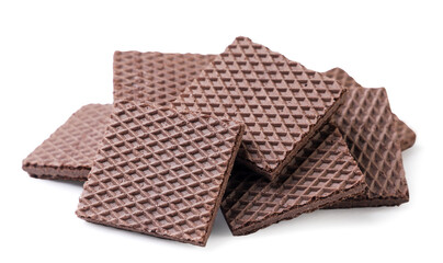 Pile of chocolate wafers close-up on a white background. Isolated