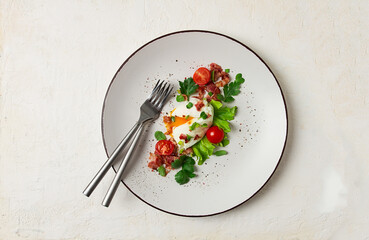 poached egg, with bacon and vegetables, breakfast, homemade,