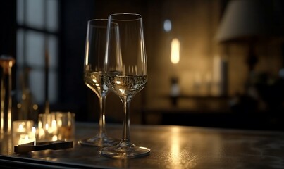 2 glasses of champagne sparkling wine in the evening on the table dark background banner candles cafe Generative ai