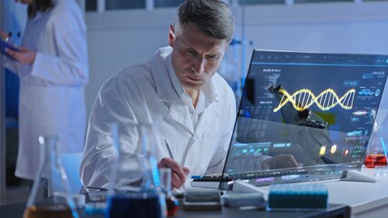 Medical lab scientist checking holographic test results, disease diagnostics