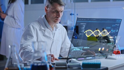 DNA lab scientist studying human genome structure on holographic screen, medical research