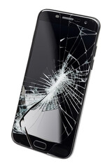 Damaged Smartphone with broken glass display. Isolated on transparent background. generative ai