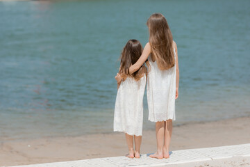 two little girls with long hair in summer dresses are standing on the beach and looking at the sea, rear view