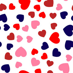 Colorful seamless pattern of pink, dark blue and red hearts. Suitable for printing on textile, fabric, wallpapers, postcards, wrappers