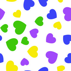 Colorful seamless pattern of green, pink, yellow, blue hearts. Suitable for printing on textile, fabric, wallpapers, postcards, wrappers