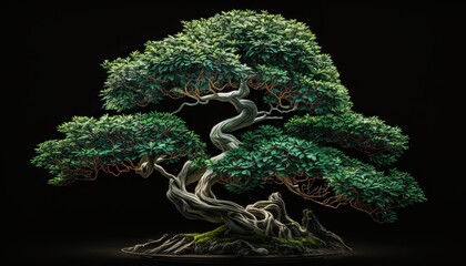 Bonsai Tree, Black Background Post-produced generative AI digital illustration.