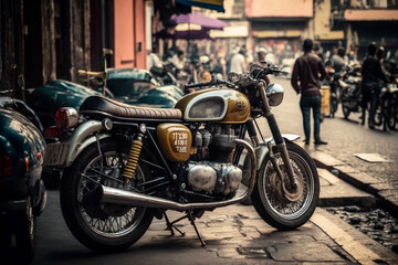 Naklejka na ściany i meble A retro motorbike parked on a busy city street Generative AI