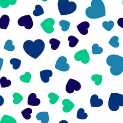 Fototapeta na wymiar Colorful seamless pattern of green, turquoise, dark blue hearts. Suitable for printing on textile, fabric, wallpapers, postcards, wrappers