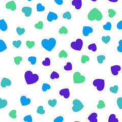 Fototapeta na wymiar Colorful seamless pattern of small green, turquoise, dark blue hearts. Suitable for printing on textile, fabric, wallpapers, postcards, wrappers