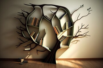 Bookshelf that is shaped like a tree with branches and leaves that hold books and other objects, concept of Organic Storage and Functional Art, created with Generative AI technology