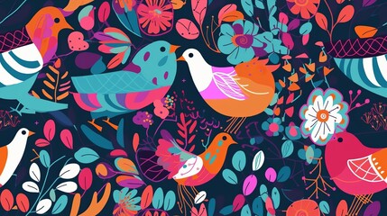 Seamless, Floral, Bird, Wallpaper, Tile able. Post-produced generative AI digital illustration.