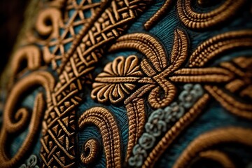 Close - up of a woven textile with intricate patterns and textures, concept of Detailed and Intricate, created with Generative AI technology