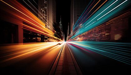 Fototapeta na wymiar long exposure dynamic speed light trails background, Perspective city neon Glossy gradient