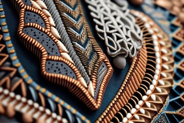Close - up of a woven textile with intricate patterns and textures, concept of Detailed and Intricate, created with Generative AI technology