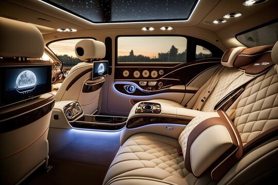 Car that is designed for maximum comfort with plush seating soft lighting and luxurious details, concept of Elegant Design and Luxury Amenities, created with Generative AI technology