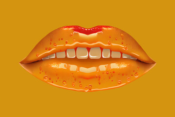 Creative artwork: female lips with lipstick, made of fresh tasty beer, with drops and droplets.
