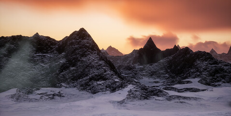 Rocky Mountain Peaks during golden Sunrise sky. 3d Rendering Artwork. Aerial View Background.