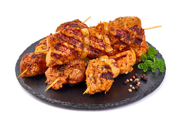 Roasted pork kebab BBQ, isolated on white background.