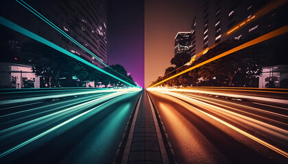 Plakat long exposure dynamic speed light trails background, Perspective city neon Glossy gradient
