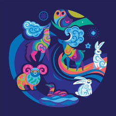 Obraz premium North animals in Scandinavian style in the circle