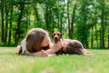 two happy little girls are lying on the green grass in the summer hugging their pet dog dachshund. Children and animals. Children's Day