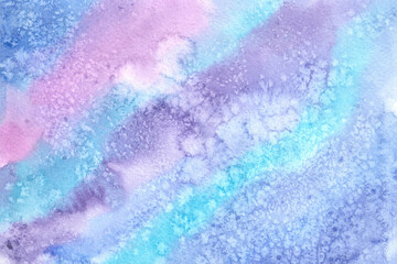 Hand drawn watercolor textured background in violet, purple, lilac and pink colors with spots, dots and splashes as design element.Abstract aquarelle backdrop