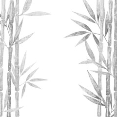 Hand drawn watercolor bamboo cane graphic grey lush foliage tropical leaves on both side mock up with copy space.Isolated on white, web design element for cards, invitations.