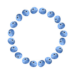 Hand drawn watercolor juicy blueberry round frame. Border with copy space, empty mock up for text.