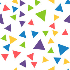 Geometric seamless pattern of red, green, yellow, blue, purple triangles for textile, paper and other surfaces