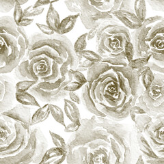 Watercolor hand drawn beautiful monochrome roses with on white background.Aquarelle floral backdrop as vintage endless pattern for web design, printing cards, invitations, fabric and wrapping paper