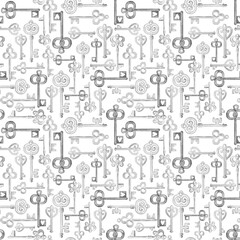 Watercolor seamless pattern with monochrome black and white metal old fashioned vintage style keys on white background.Aquarelle design for print wrapper, fabric, cards