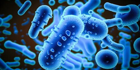 Bacterial colony Bacteria Blue color Microbes. Concept of science and medicine banner. AI generation.