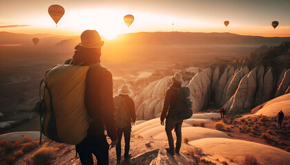 Group tourists in Cappadocia with backpacks background hot air balloon with sunset, adventure Turkey Travel banner. Generation AI - obrazy, fototapety, plakaty