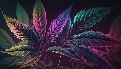 Cannabis leaves on black background with flare. Aesthetic vibrant abstract background with hemp foliage in neon light, AI generative