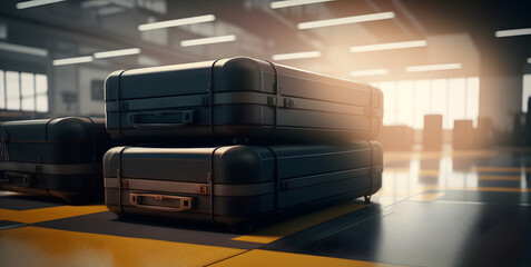 Baggage luggage move on tape claim at airport, sun light banner. Generation AI