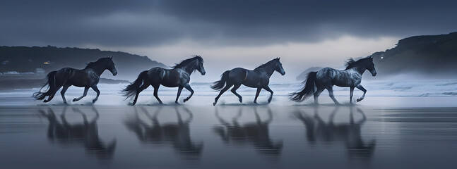 Majestic Black Horses Run on Misty Beach, AI Generative
