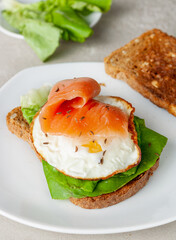 sandwich with salad, egg, trout on toasted whole grain bread