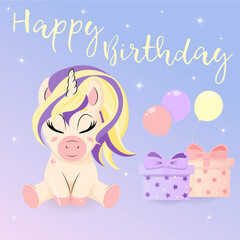 Happy birthday greeting card and nursery poster with cute unicorn. Vector illustration, hand drawn style. Cartoon unicorn