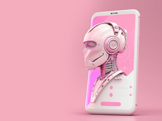 Futuristic humanoid robot with AI in screen of smartphone. Concept of chatbot with artificial intelligence, social networking or communication.