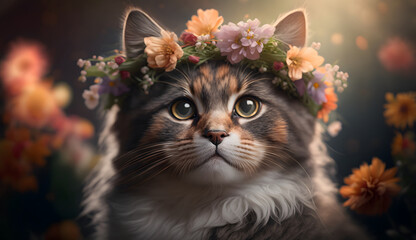 cat in the garden full of flowers in spring