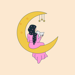 illustration a woman reading book on moon