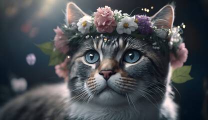 cat in the garden full of flowers in spring