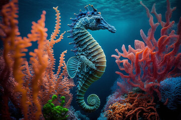 A seahorse swimming in a coral reef Generative AI - obrazy, fototapety, plakaty