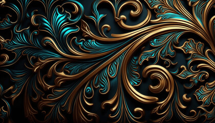 teal and gold floral pattern demask background