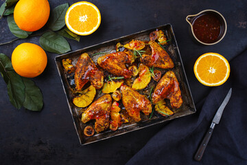 Traditionelle Hähnchenflügel vom Grill mit Orangen und Bananenscheiben serviert mit scharfer Chili Sauce als Draufsicht auf einem rustikalen Metall Tablett